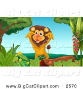 Big Cat Cartoon Vector Clipart of a Male Lion Lunging over a Log by