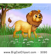 Big Cat Cartoon Vector Clipart of a Male Lion near a Tree by