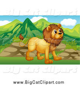 Big Cat Cartoon Vector Clipart of a Male Lion near Boulders and Mountains by