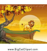 Big Cat Cartoon Vector Clipart of a Male Lion on a Cliff at Sunset by