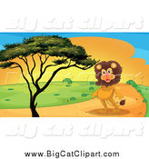 Big Cat Cartoon Vector Clipart of a Male Lion on a Path by a Tree at Sunset by