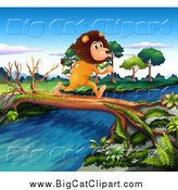 Big Cat Cartoon Vector Clipart of a Male Lion Running on a Log over a Stream by