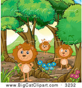 Big Cat Cartoon Vector Clipart of a Male Lions Playing in the Forest by