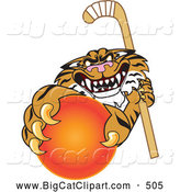 Big Cat Cartoon Vector Clipart of a Mean Tiger Character School Mascot Grabbing a Field Hockey Ball by Mascot Junction