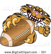 Big Cat Cartoon Vector Clipart of a Mean Tiger Character School Mascot Grabbing a Football by Mascot Junction