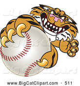 Big Cat Cartoon Vector Clipart of a Menacing Tiger Character School Mascot Grabbing a Baseball by Mascot Junction
