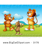 Big Cat Cartoon Vector Clipart of a Monkey Shushing a Tiger and Bear in a Valley by