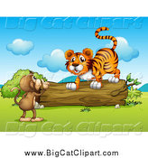 Big Cat Cartoon Vector Clipart of a Monkey Talking to a Tiger at a Log by