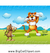 Big Cat Cartoon Vector Clipart of a Monkey Trying to Silence a Tiger by