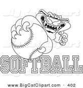 Big Cat Cartoon Vector Clipart of a Outline of a Rough Panther Character Mascot with Softball Text by Mascot Junction