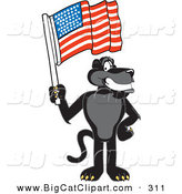 Big Cat Cartoon Vector Clipart of a Patriotic Black Jaguar Mascot Character Waving an American Flag by Toons4Biz