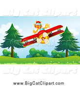 Big Cat Cartoon Vector Clipart of a Pilot Tiger Flying a Biplane over Shrubs and Trees by