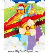Big Cat Cartoon Vector Clipart of a Pilot Tiger in a Red Biplane over a Rainbow Road by