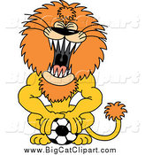 Big Cat Cartoon Vector Clipart of a Roaring Athletic Lion Pushing down on a Soccer Ball by Zooco
