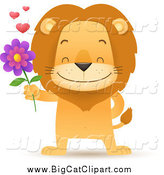 Big Cat Cartoon Vector Clipart of a Romantic Male Lion Holding out a Flower by Qiun