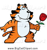 Big Cat Cartoon Vector Clipart of a Romantic Tiger Holding out a Rose by Cory Thoman