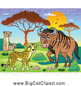 Big Cat Cartoon Vector Clipart of a Safari Cheetah Meerkat and Wildebeest Savannah Animals at Sunset by Visekart