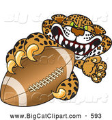 Big Cat Cartoon Vector Clipart of a Scary Cheetah, Jaguar or Leopard Character School Mascot Grabbing a Football by Toons4Biz