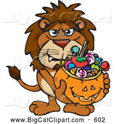 Big Cat Cartoon Vector Clipart of a Scary Trick or Treating Lion Holding a Pumpkin Basket Full of Halloween Candy by Dennis Holmes Designs