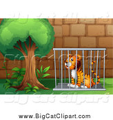 Big Cat Cartoon Vector Clipart of a Sitting Caged Tiger by a Tree by
