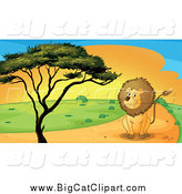 Big Cat Cartoon Vector Clipart of a Sitting Lion on a Path by a Tree at Sunset by