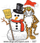 Big Cat Cartoon Vector Clipart of a Smiling Cheetah, Jaguar or Leopard Character School Mascot with a Snowman by Toons4Biz