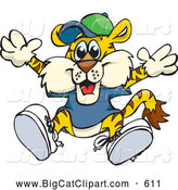 Big Cat Cartoon Vector Clipart of a Smiling Happy Tiger in Clothes, Jumping by Dennis Holmes Designs