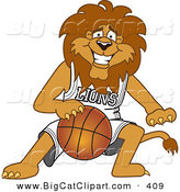 Big Cat Cartoon Vector Clipart of a Smiling Lion Character Mascot Dribbling a Basketball by Mascot Junction
