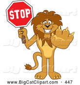 Big Cat Cartoon Vector Clipart of a Smiling Lion Character Mascot Holding a Stop Sign by Toons4Biz