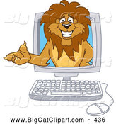 Big Cat Cartoon Vector Clipart of a Smiling Lion Character Mascot in a Computer by Toons4Biz