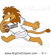 Big Cat Cartoon Vector Clipart of a Smiling Lion Character Mascot Playing Football by Mascot Junction