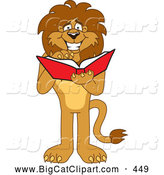 Big Cat Cartoon Vector Clipart of a Smiling Lion Character Mascot Reading by Mascot Junction