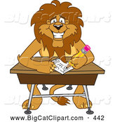 Big Cat Cartoon Vector Clipart of a Smiling Lion Character Mascot Taking a Quiz by Toons4Biz