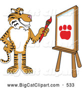 Big Cat Cartoon Vector Clipart of a Smiling Tiger Character School Mascot Painting a Canvas by Toons4Biz