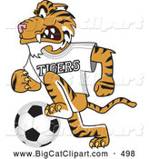 Big Cat Cartoon Vector Clipart of a Smiling Tiger Character School Mascot Playing Soccer by Toons4Biz