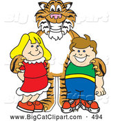 Big Cat Cartoon Vector Clipart of a Smiling Tiger Character School Mascot with Students by Toons4Biz