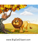 Big Cat Cartoon Vector Clipart of a Squirrel and Male Lion Talking at an Autumn Tree by