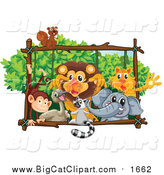 Big Cat Cartoon Vector Clipart of a Squirrel Monkey Emu Lemur Lion Elephant and Tiger Playing on a Forest Frame by Graphics RF