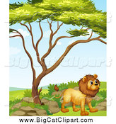 Big Cat Cartoon Vector Clipart of a Standing Lion by a Tree by