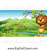 Big Cat Cartoon Vector Clipart of a Standing Lion with Folded Arms in a Valley by