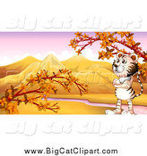 Big Cat Cartoon Vector Clipart of a Standing White Tiger in an Autumn Valley by