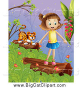 Big Cat Cartoon Vector Clipart of a Tiger and Happy Caucasian Girl on Logs at Dusk by