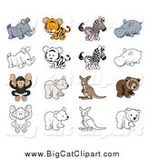 Big Cat Cartoon Vector Clipart of a Tiger and Wild Animals in Color and Black and White by AtStockIllustration