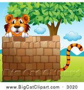 Big Cat Cartoon Vector Clipart of a Tiger Behind a Brick Wall near a Tree by