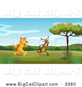 Big Cat Cartoon Vector Clipart of a Tiger Chasing a Deer in a Valley by