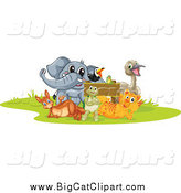 Big Cat Cartoon Vector Clipart of a Tiger Elephant Toucan Frog Kangaroo Tortoise and Emu Around a Sign by