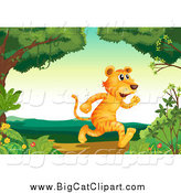 Big Cat Cartoon Vector Clipart of a Tiger Running Upright in the Woods by