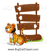 Big Cat Cartoon Vector Clipart of a Tiger Sitting Next to Wooden Directional Sign Post by