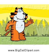 Big Cat Cartoon Vector Clipart of a Tiger Standing and Waving, on a Grassy Background by Cory Thoman
