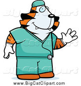Big Cat Cartoon Vector Clipart of a Tiger Surgeon Doctor in Green Scrubs by Cory Thoman